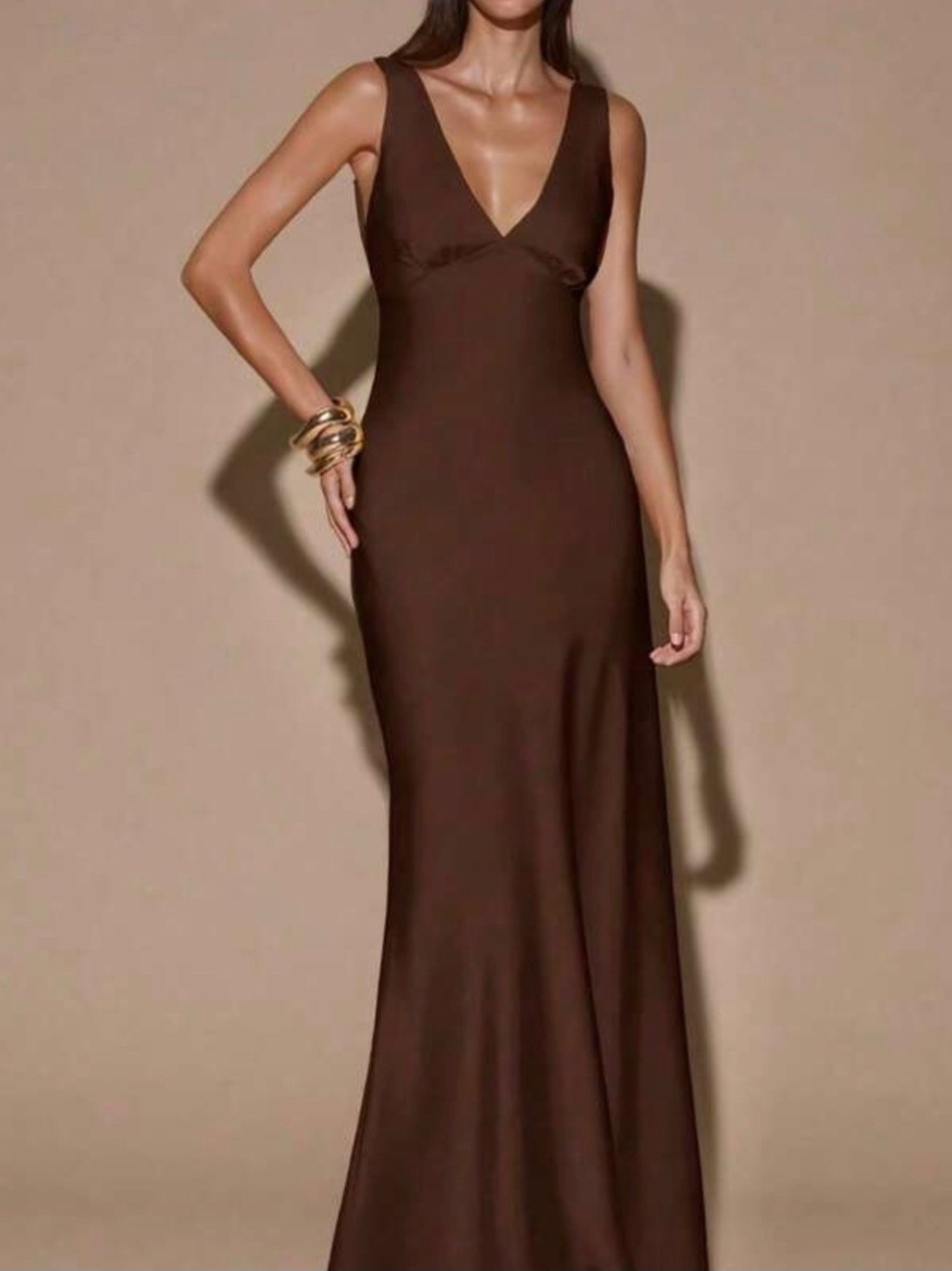 Brown V-Neck Maxi Dress - Elegant/Fun Evening